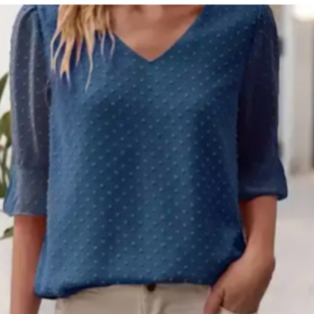 Blue French Knot embroidered V Neck pullover blouse tee silky size small